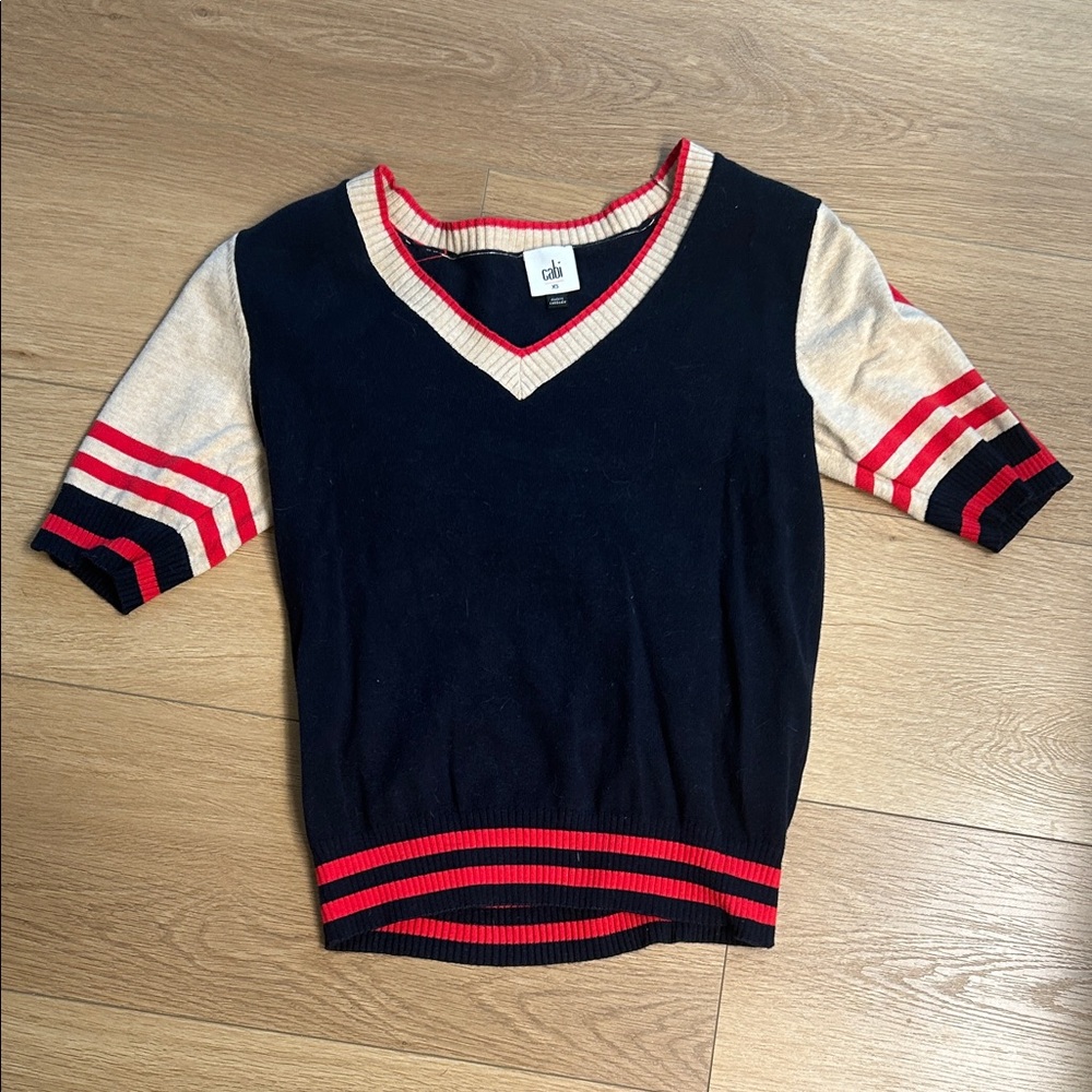 Cabi Women’s Navy and Red V-Neck Sweater